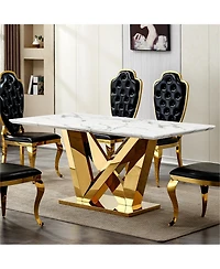 Streamdale Furniture Marble Dining Table for 6, 70" Faux Marble Rectangle Table with Gold Stainless Steel Base