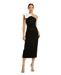 Mac Duggal Women's Beaded Crepe With Bow One Shoulder Midi Dress