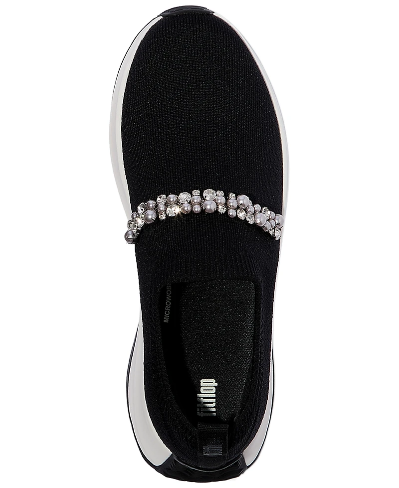 FitFlop Women's F-Mode Flow Imitation Pearls and Crystal Knit Slip-On Sneakers