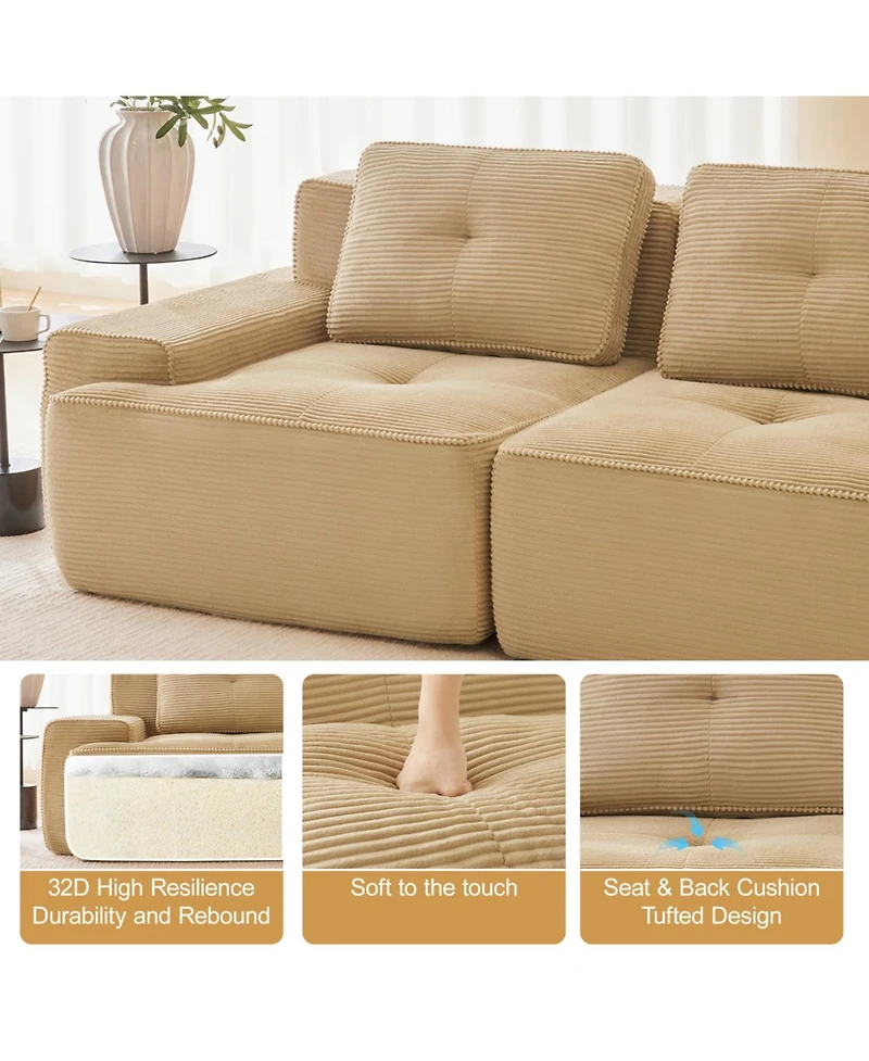 Streamdale Furniture Streamdale Camel 82" Modern L-Shaped Corduroy Sectional Sofa with Deep Seat, Tufted Design
