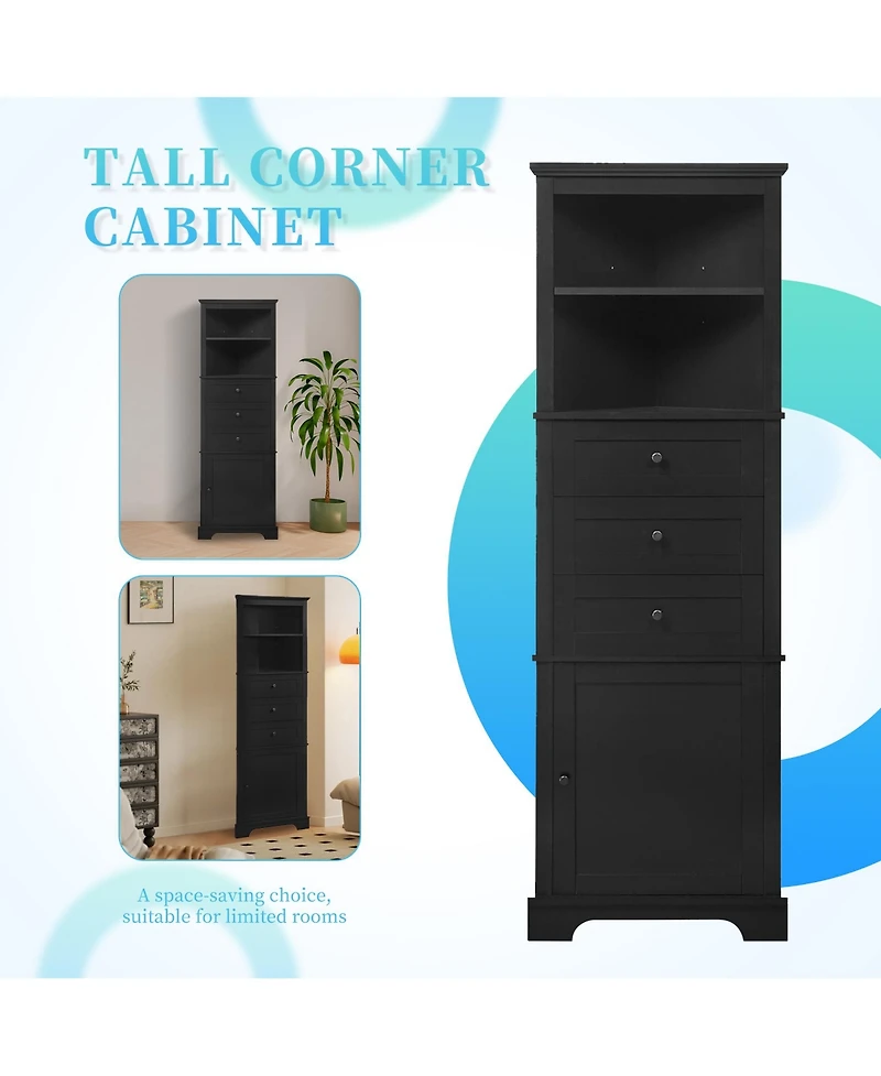 Casainc 68.9"H Triangle Tall Cabinet with 3 Drawers and Adjustable Shelves for Bathroom/Living Room