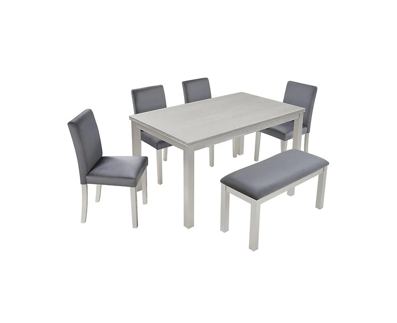 sumyeg 6-Piece Silver Grey Crystal Accent Wood Dining Set with Rectangular Table 4 Upholstered Chairs and Bench