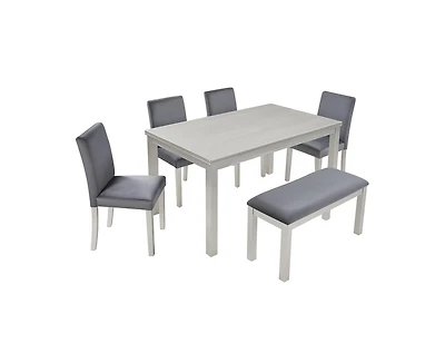 sumyeg 6-Piece Silver Grey Crystal Accent Wood Dining Set with Rectangular Table 4 Upholstered Chairs and Bench