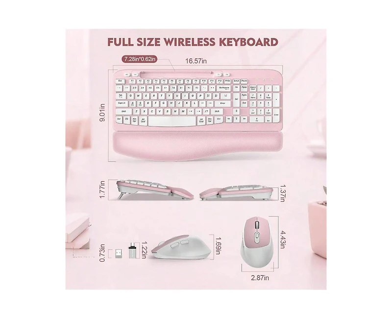 Risokeys Wireless Keyboard and Mouse Combo - Full-Sized Keyboard with Cushioned Palm Rest, Phone Holder, 2.4G Cordless Set for Computer, Laptop, Pc