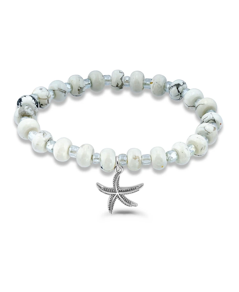Macy's Howlite Rondelle and Starfish Drop Silver Plated Stretch Bracelet