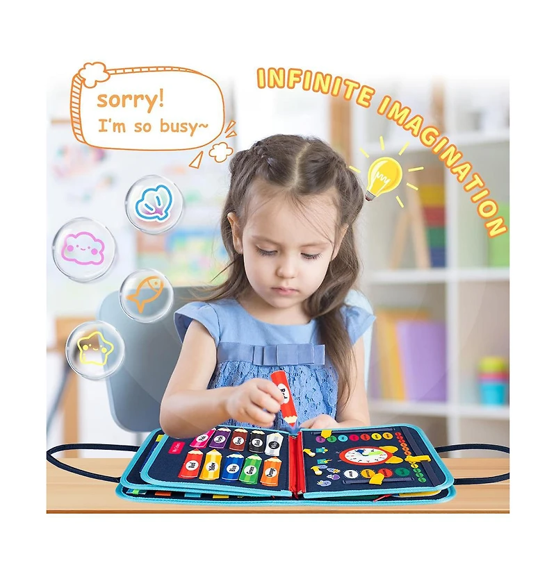 Cowin Busy Board 8 in 1 Busy Book Montessori Toys for Toddler Sensory Toys Developing Sensory Board Travel Toys Blue