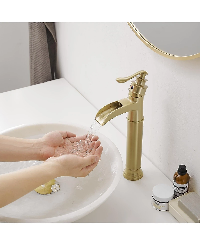 Waterfall Single Handle Bathroom Vessel Sink Faucet Farmhouse Vanity Bowl Tall Lavatory With Metal Drain In Brushed Gold