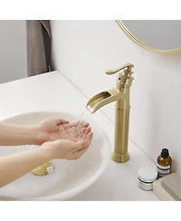 Waterfall Single Handle Bathroom Vessel Sink Faucet Farmhouse Vanity Bowl Tall Lavatory With Metal Drain In Brushed Gold