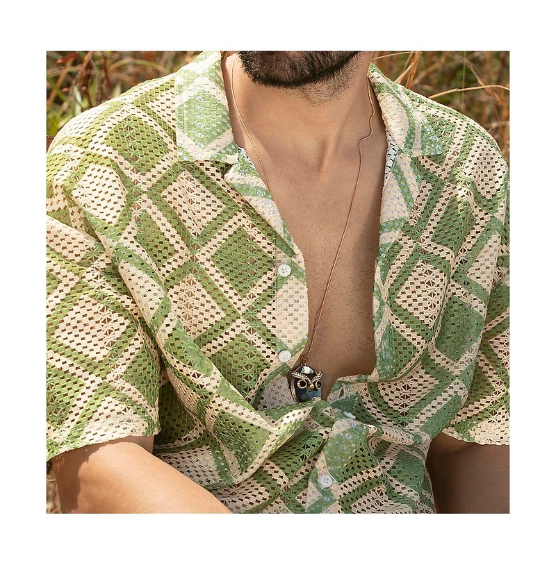 Campus Sutra Men's Grass Green & Pale Yellow Geometric Block Oversized Shirt