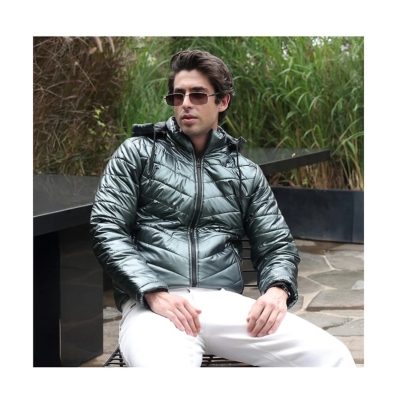 Campus Sutra Men's Seaweed Green Coated Panel-Quilt Puffer Jacket