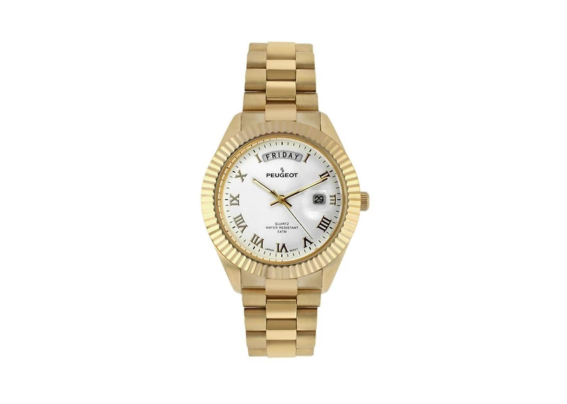 Peugeot Men's 40mm White Face Fluted Bezel Gold Bracelet Watch