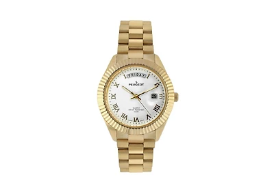 Peugeot Men's 40mm White Face Fluted Bezel Gold Bracelet Watch