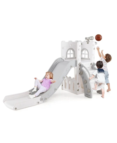 Skonyon 6-in-1 Toddler Slide L-shaped Playground with Basketball Hoop and Ladder