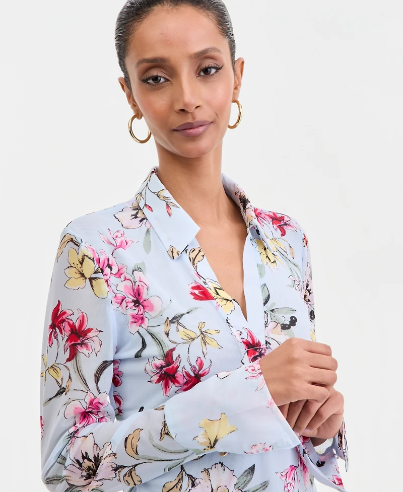 I.n.c. International Concepts Women's Long-Sleeve Printed Mesh Collared Top, Macy's Exclusive