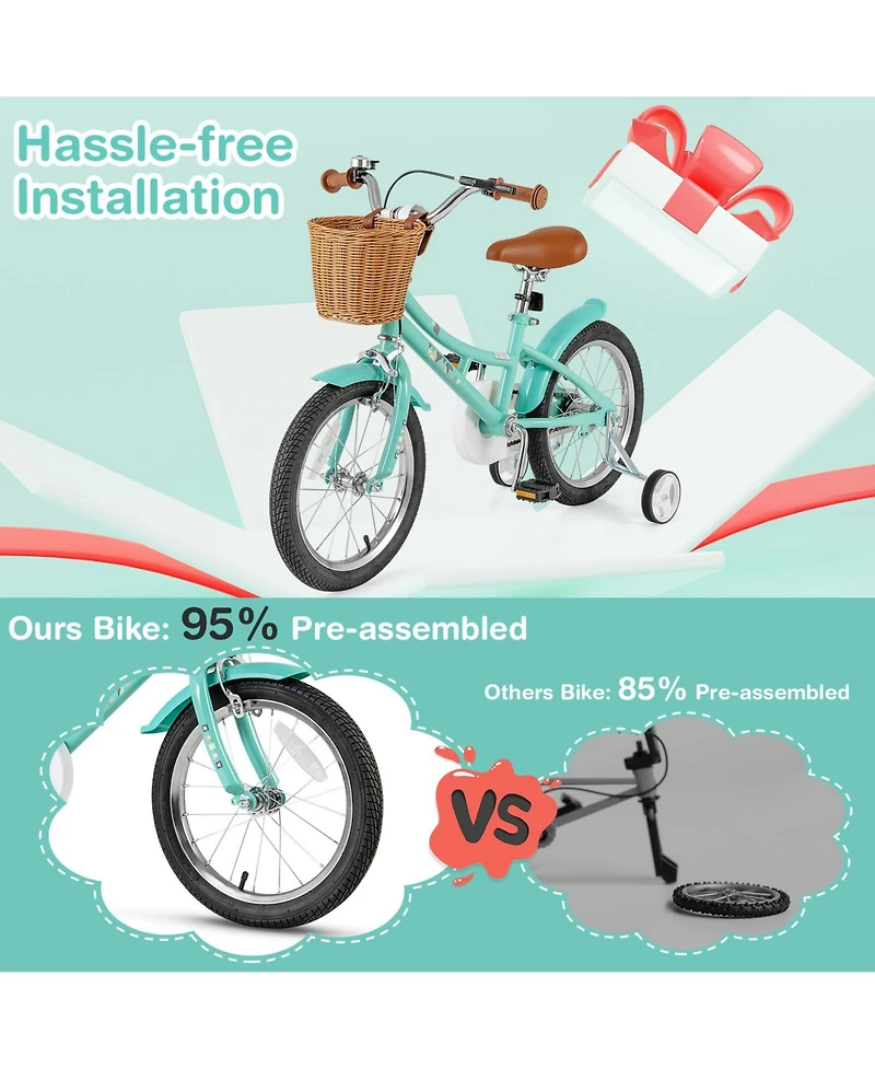 Gymax 16'' Kids Bike w/ Height Adjustable Handlebar Seat Basket Bell Training Wheels