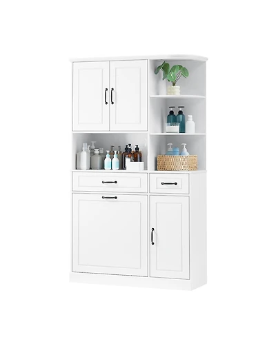 sumyeg Tall Freestanding Storage Cabinet with Drawers Doors and Adjustable Shelves in White