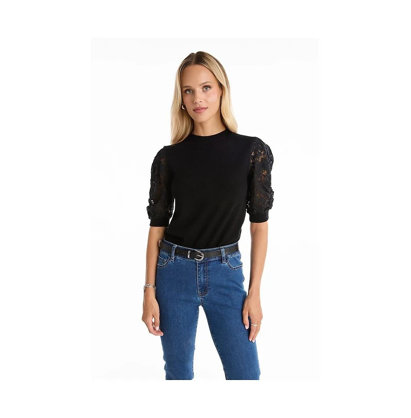 The Noli Shop Women's Sylvie Lace Sleeve Top - Black