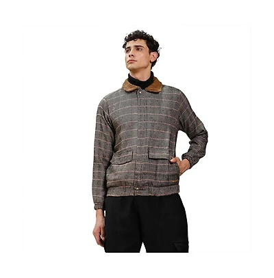 Campus Sutra Men's Midnight Black & Cream White Chevron-Jacquard Sherpa-Lined Jacket