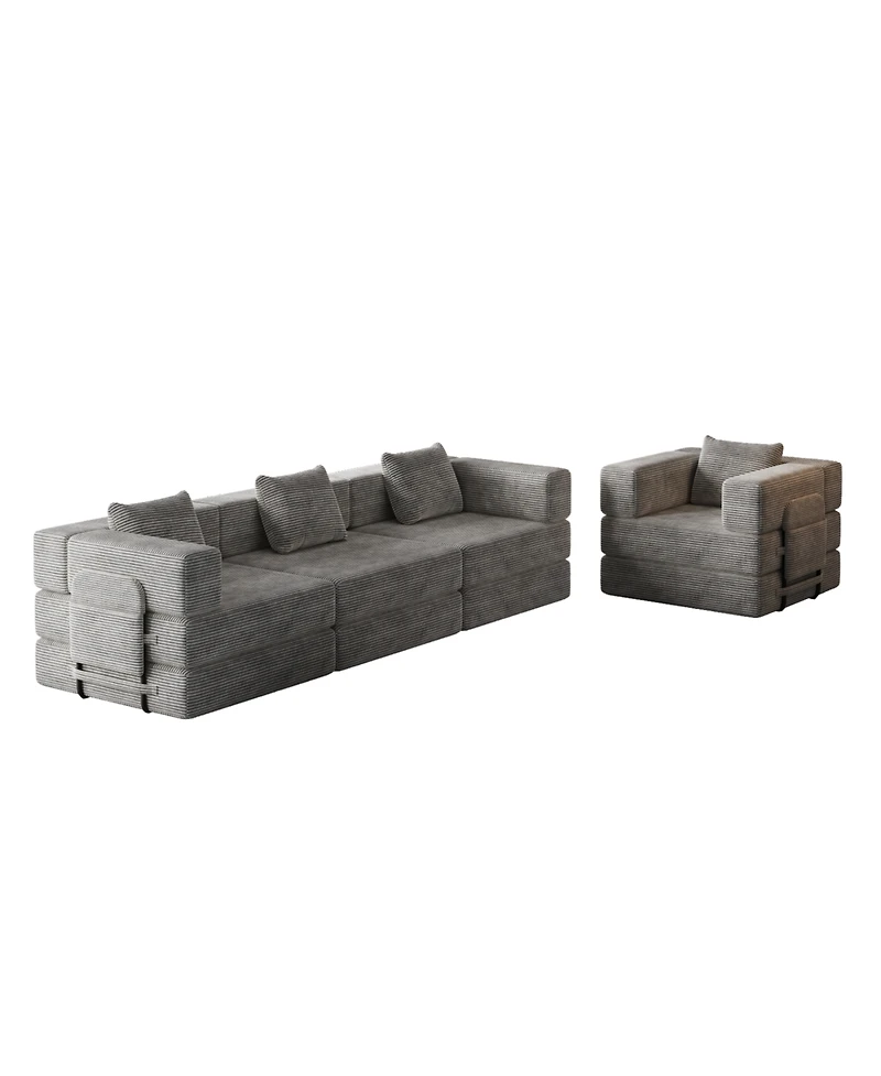 Streamdale Furniture 4-seater folding sofa bed with corduroy fabric, storage pockets & cushions.