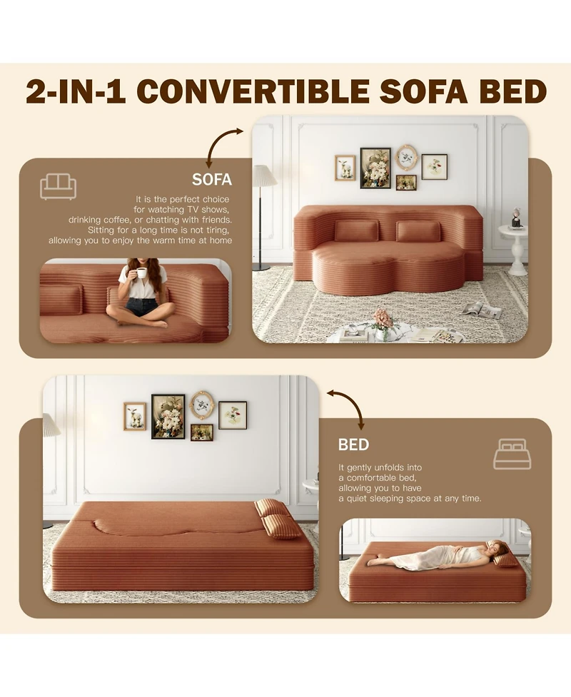 Streamdale Furniture Streamdale Modern Floor Sofa with 2 Pillows, Convertible Plush Corduroy Sleeper Sofa Bed, Orange