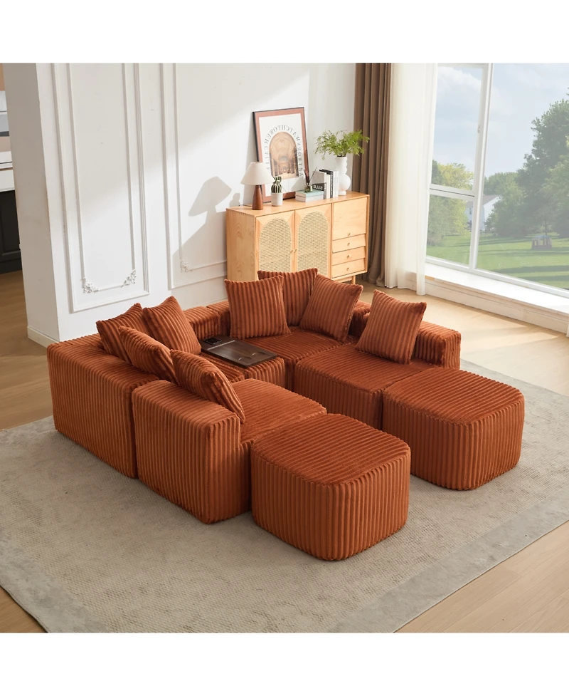 Streamdale Furniture U Shaped Sofa, Usb/Wireless Charge, Coffee Table, Movable, 6 Seats, Corduroy, Orange
