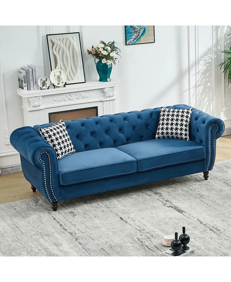 Streamdale Furniture Streamdale 3+3 Seater Blue Velvet Chesterfield Sofa with Roll Armrest & Nailhead