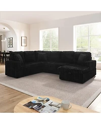 Streamdale Furniture Streamdale Black U-shaped Corduroy Sofa with Pull-out Bed & Storage Chaise
