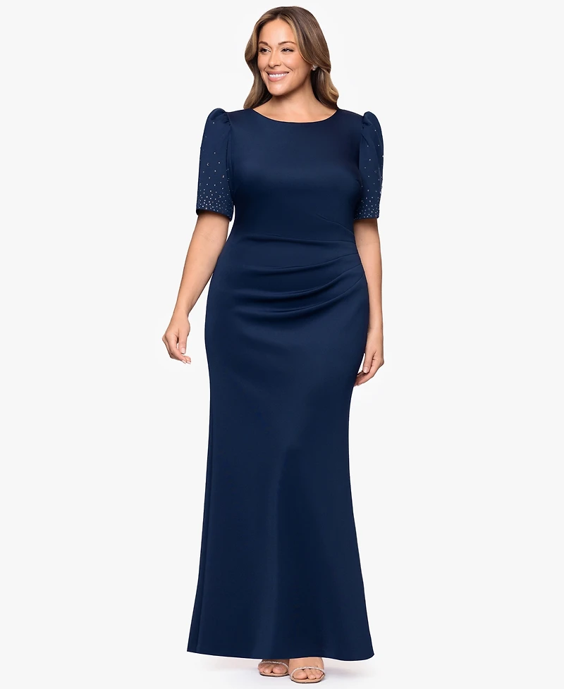 Xscape Plus Pleated-Waist Studded-Sleeve Gown