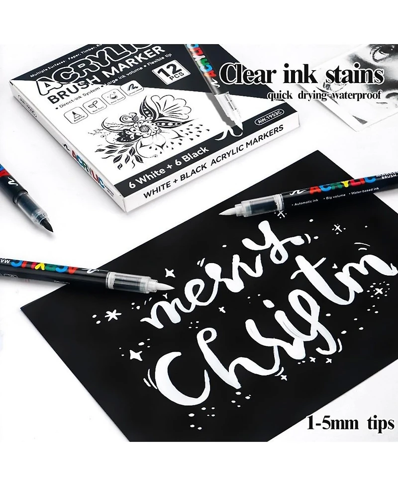 Htutwoo 12Pcs White Acrylic Paint Pens, Soft Brush Tip Markers for Wood, Metal, Rock, Plastic, Glass, Canvas and Fabric