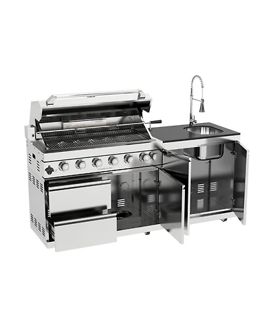 Mondawe 43" 6-Burner Gas Grill Outdoor Kitchen with Rotisserie, Granite & Storage