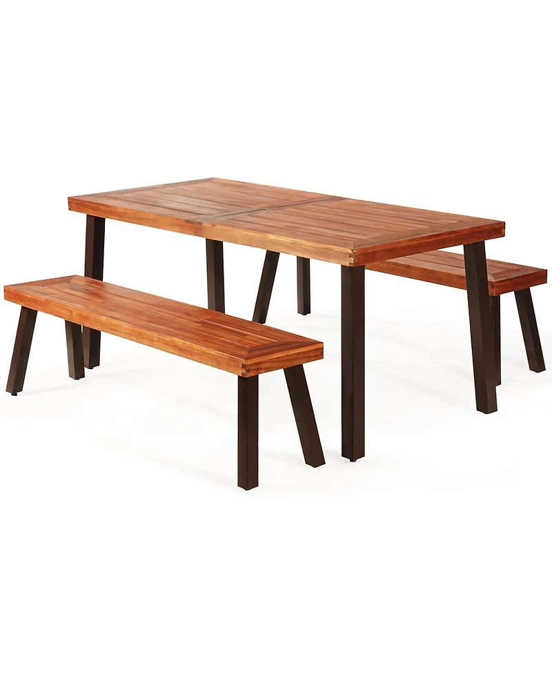 Costway 3 Pieces Picnic Table Set Acacia Wood Table Bench with Steel Legs Outdoor Patio