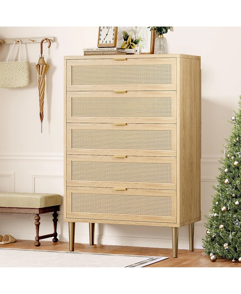 Gaomon Rattan 5 Drawer Dresser, 44'' Tall Narrow Chest, Farmhouse Wood Dresser with Metal Legs, Bedroom Cabinet