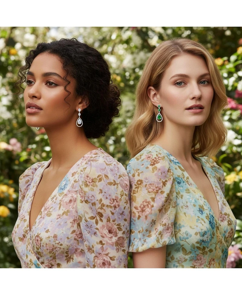 Bling Jewelry Set of 2 Art Deco Style Clear & Greeen Cubic Zirconia Double Halo Large Teardrop Cz Statement Dangle Chandelier Earrings