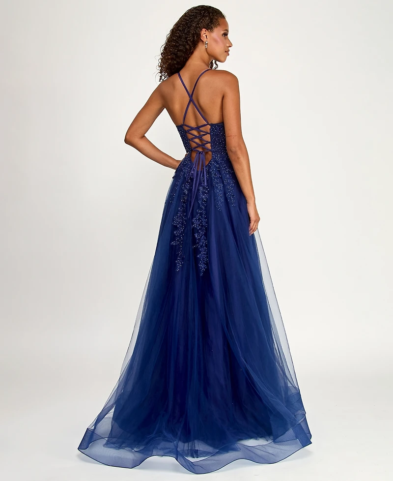 Say Yes Juniors' Embroidered Applique Side-Slit Ball Gown, Created for Macy's