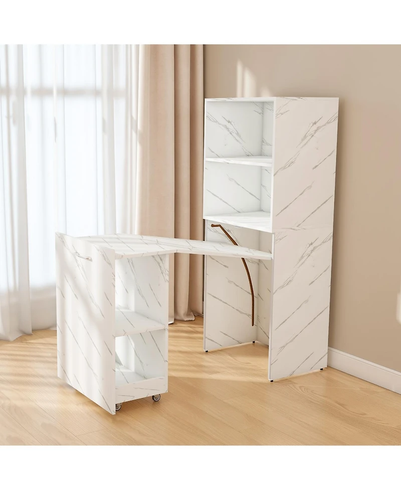 Streamdale Stretchable desk with storage shelves and wheels, foldable, white marble