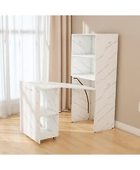 Streamdale Stretchable desk with storage shelves and wheels, foldable, white marble