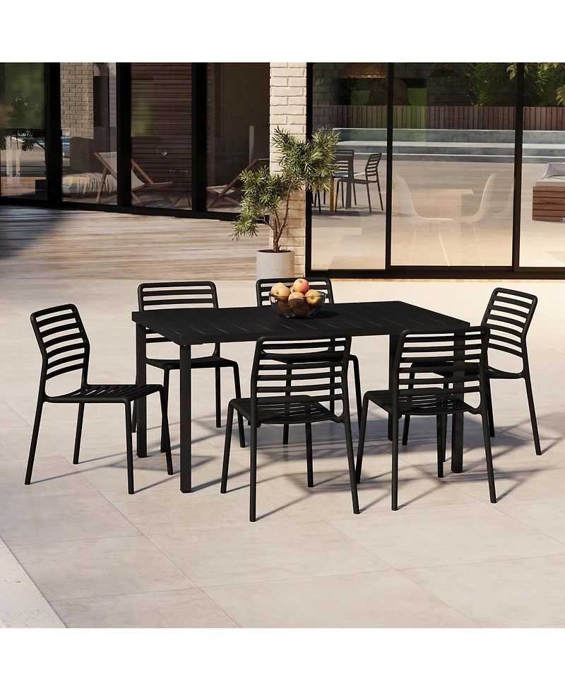 WestinTrends 7-Piece Metal Rectangular Patio Dining Table Set With Stackable Plastic Chairs For 6