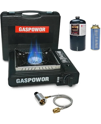 Aofar Dual Fuel Camping Stove – 10,000 Btu Portable Propane & Butane Stove with Windblocker, Auto Ignition & Carrying Case (Fuel Not Included)