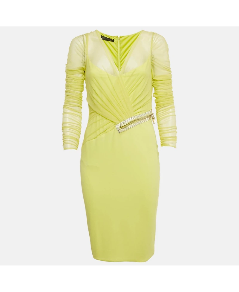 Pre-Owned Versace Women's Neon Yellow Embellished Detail Mesh & Jersey Short Dress