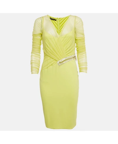 Pre-Owned Versace Women's Neon Yellow Embellished Detail Mesh & Jersey Short Dress