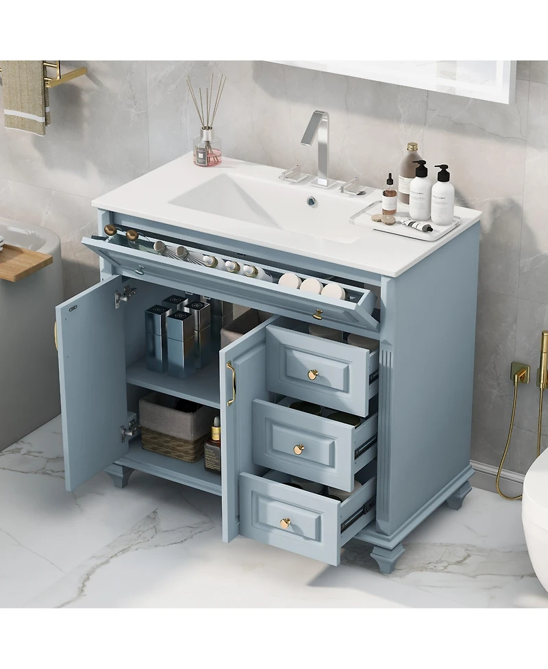 Casainc Solid Wood Vanity with Sink 3 Drawers 2 Doors Flip Drawer