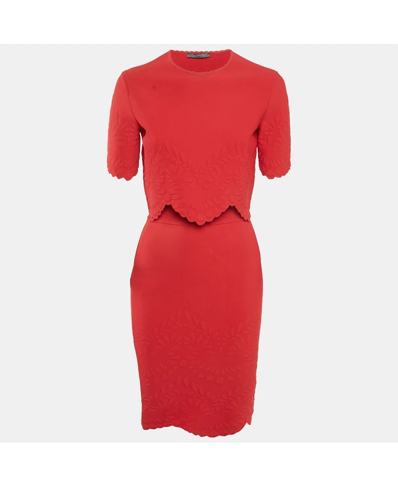 Pre-Owned Alexander Mcqueen Women's Red Textured Stretch Knit Scallop Hem Top And Skirt Set