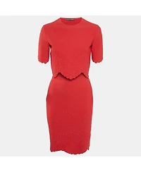 Pre-Owned Alexander Mcqueen Women's Red Textured Stretch Knit Scallop Hem Top And Skirt Set