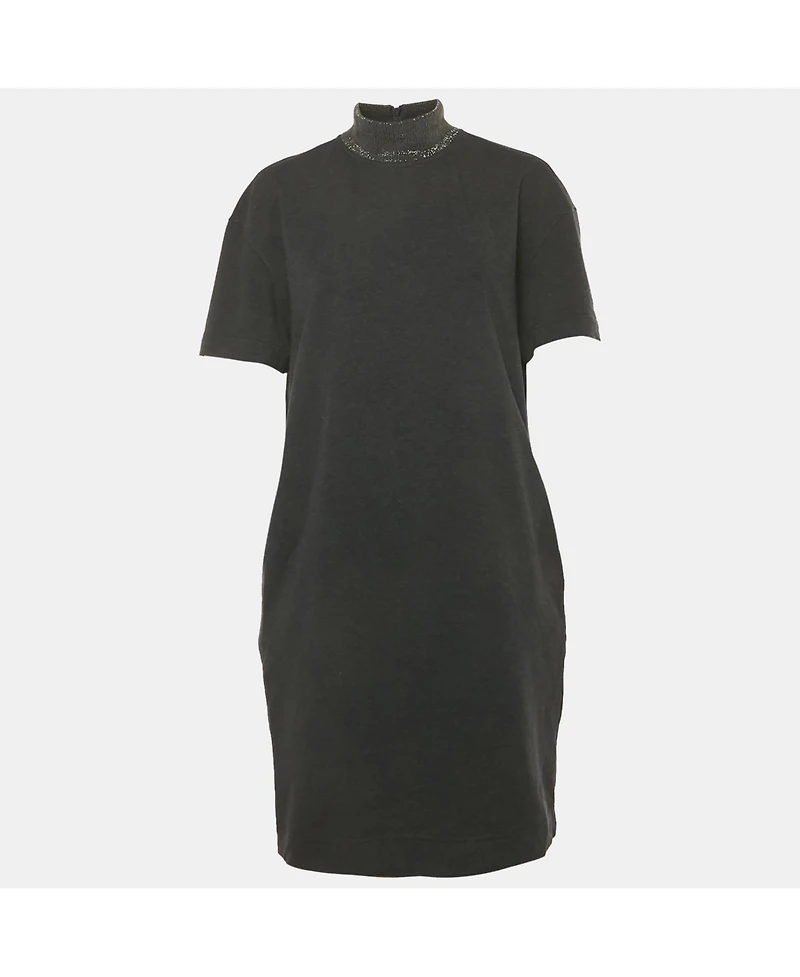 Pre-Owned Brunello Cucinelli Women's Charcoal Grey Cotton Knit Monili Trim Detail Shift Dress