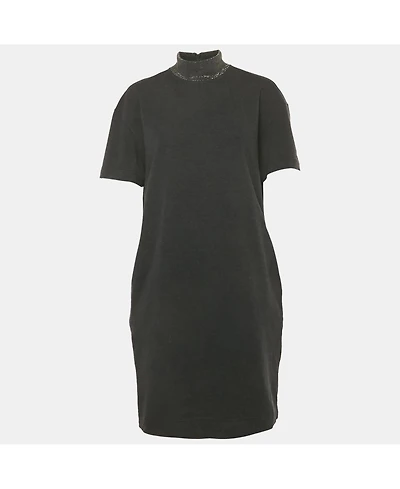 Pre-Owned Brunello Cucinelli Women's Charcoal Grey Cotton Knit Monili Trim Detail Shift Dress