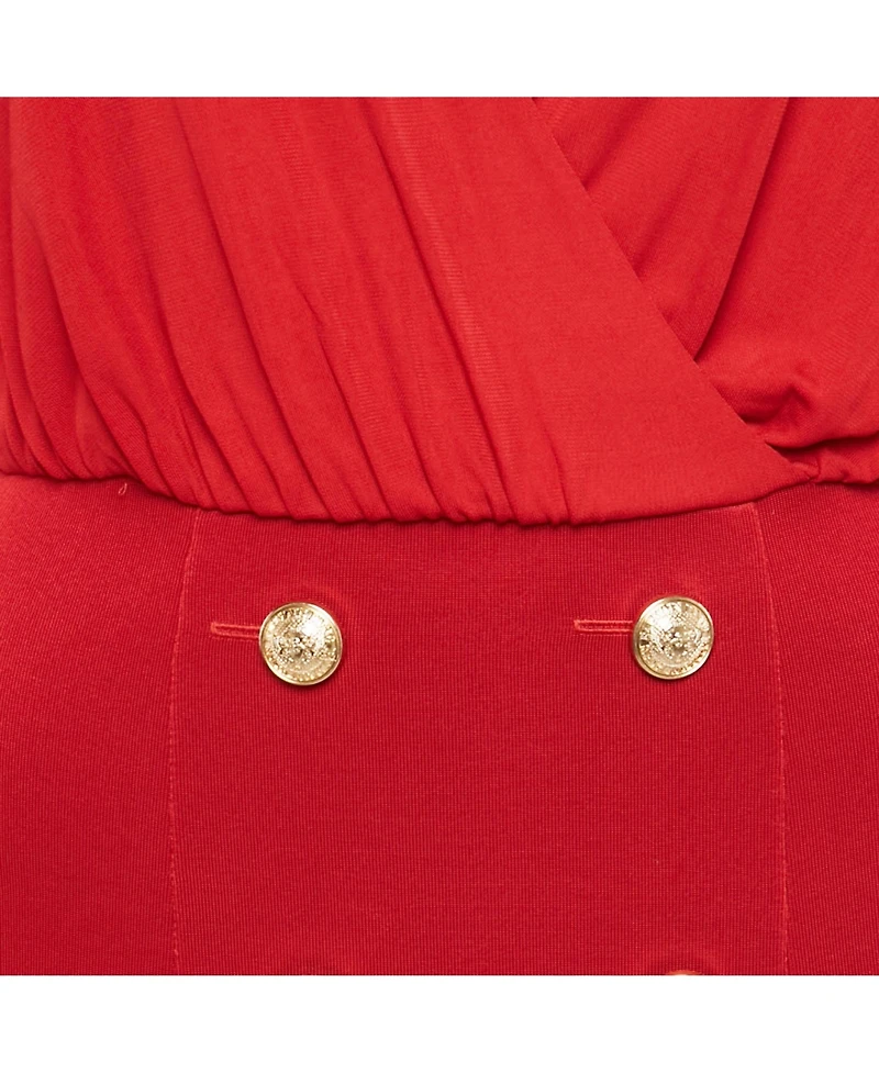 Pre-Owned Balmain Women's Red Jersey & Knit Plunge Neck Button Detailed Mini Dress