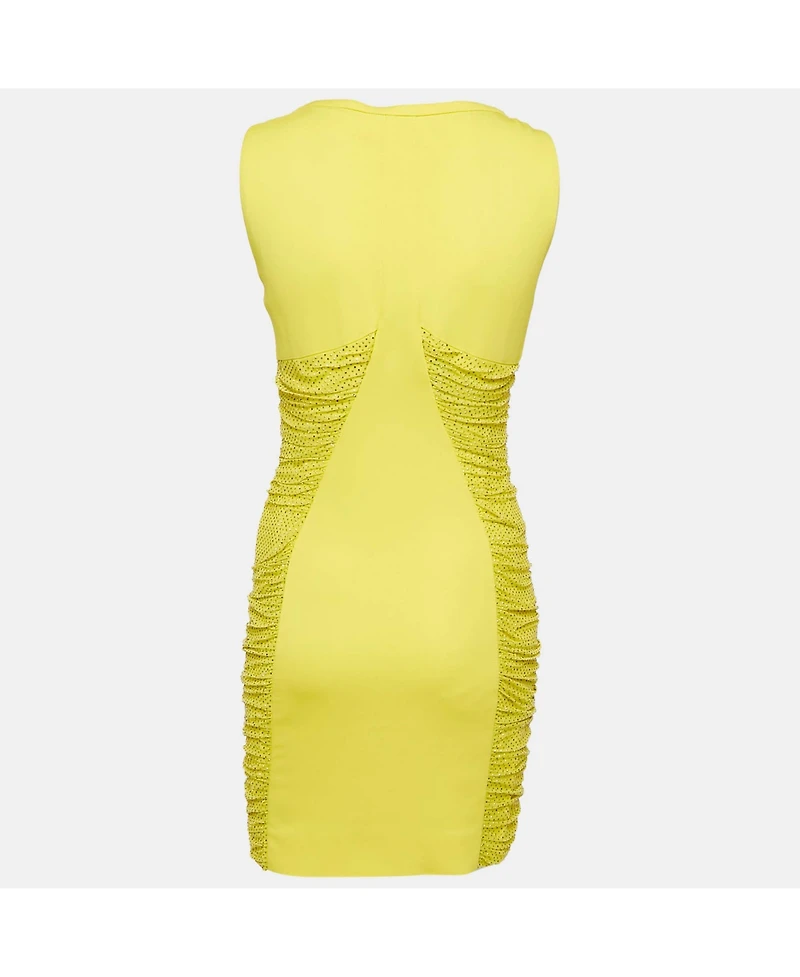 Pre-Owned Versace Women's Yellow Embellished Tulle And Jersey Ruche Mini Dress