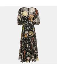 Pre-Owned Dolce & Gabbana Women's Black Printed Silk Ruffled Asymmetric Long Dress