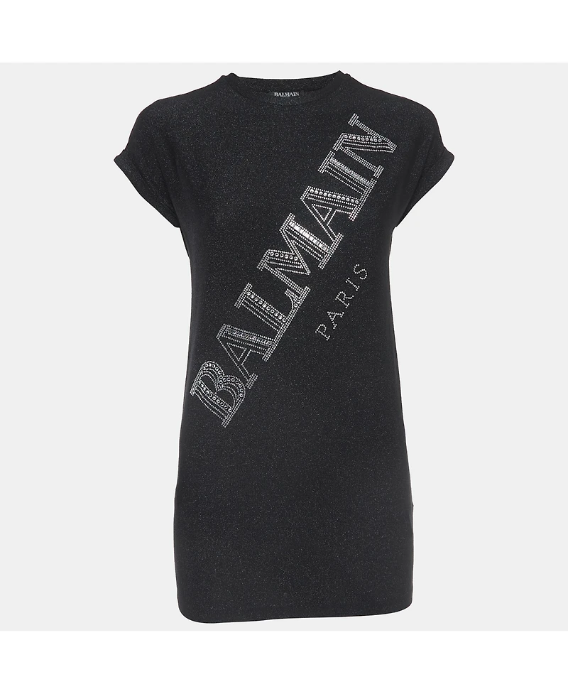 Pre-Owned Balmain Women's Black Glitter Jersey Crystal Embellished Logo T-Shirt