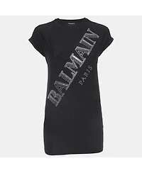 Pre-Owned Balmain Women's Black Glitter Jersey Crystal Embellished Logo T-Shirt